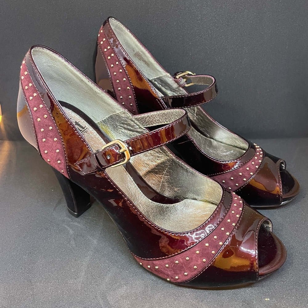 Sofft Burgundy Patent Mary Jane Peep-Toe Heels with Stud Accents